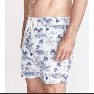 Marine Layer Hawaii Print Swim Trunks Men’s 32 White Blue Palm Tree Board Shorts